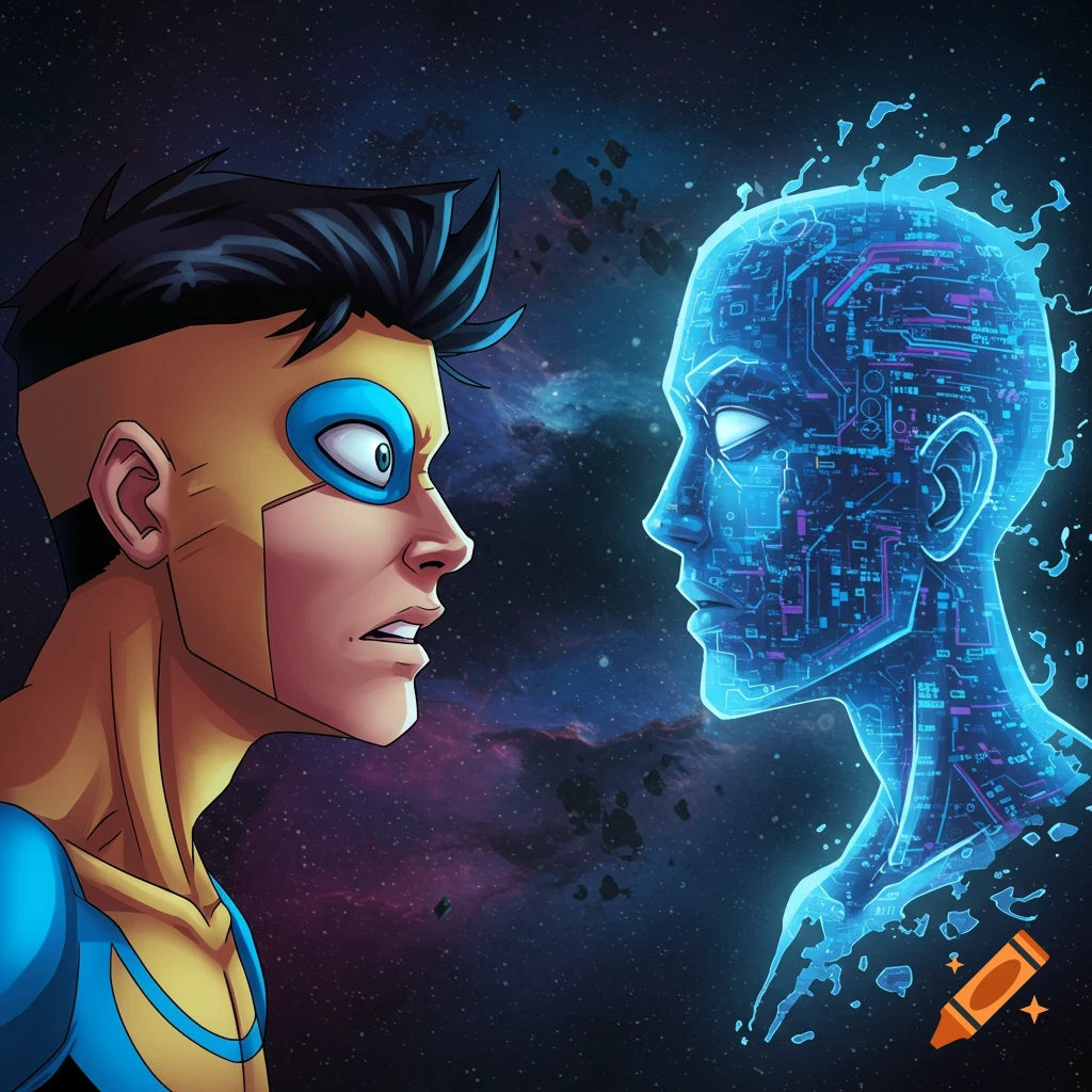 Comic art of Invincible character facing a glowing circuit board AI figure in space.