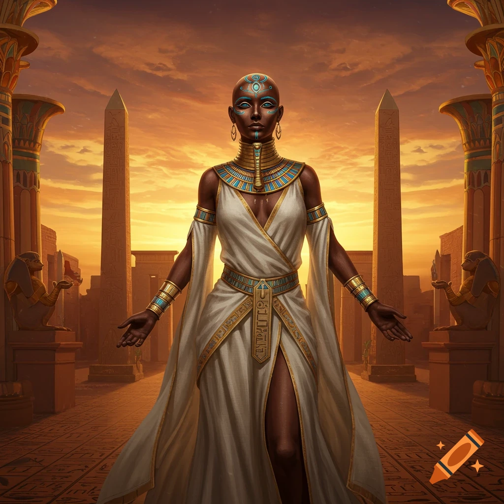 A bald Egyptian priestess in white and gold attire stands in an ancient temple at sunset.