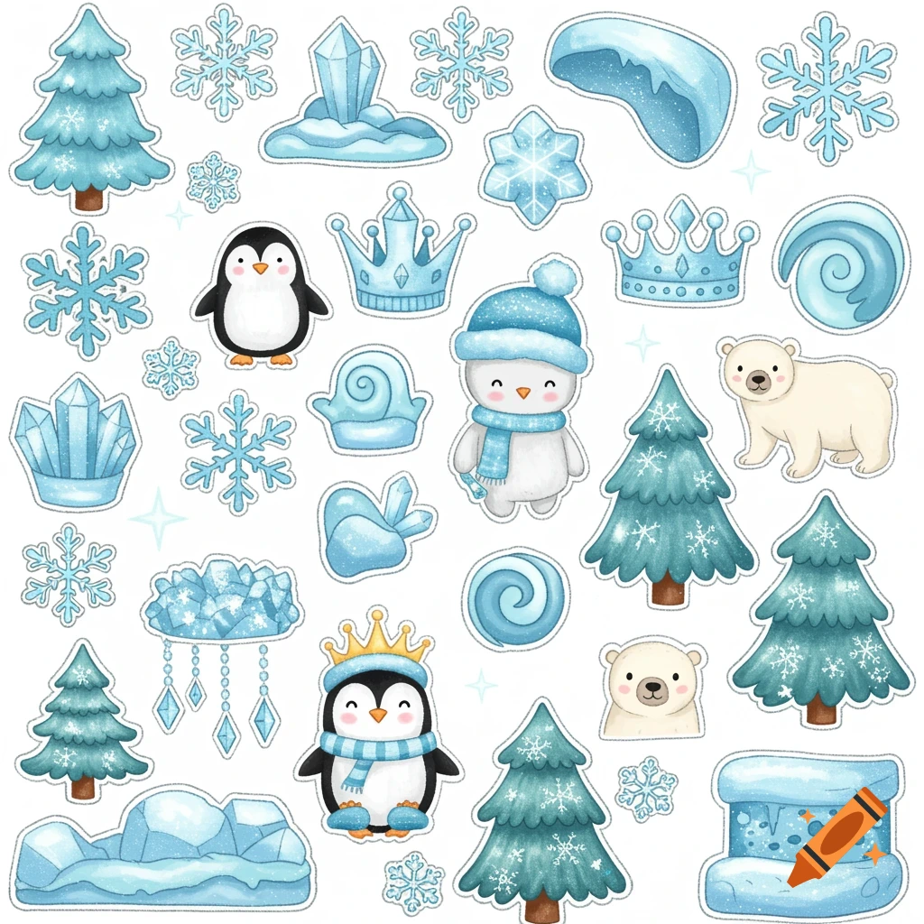 Cartoon winter patches including penguins, polar bears, snowflakes, trees, and ice crystals on white background.