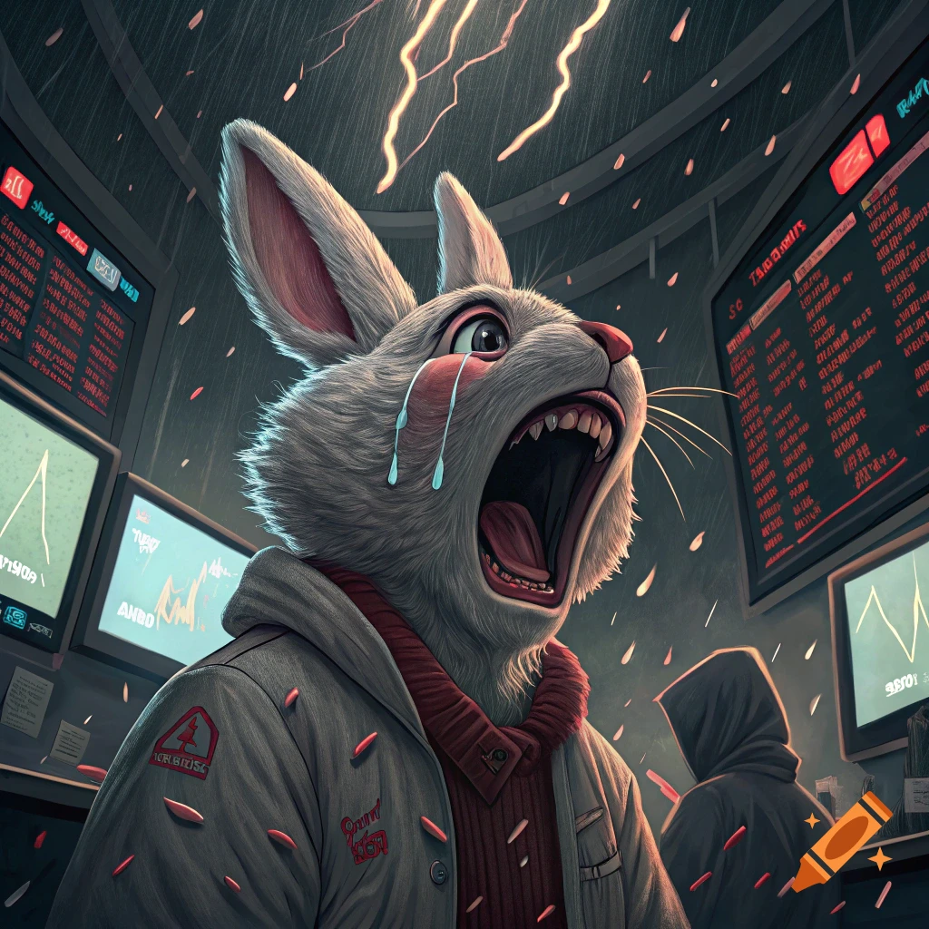 An anthropomorphic rabbit screams and cries in front of stock market screens during a storm.
