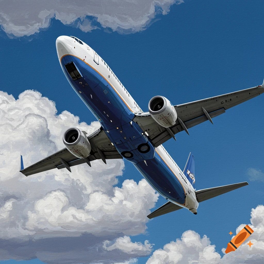 A Boeing 737 is flying against a blue sky with clouds