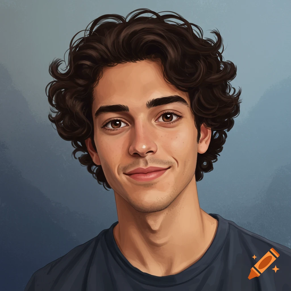A portrait of a smiling young man with curly brown hair.