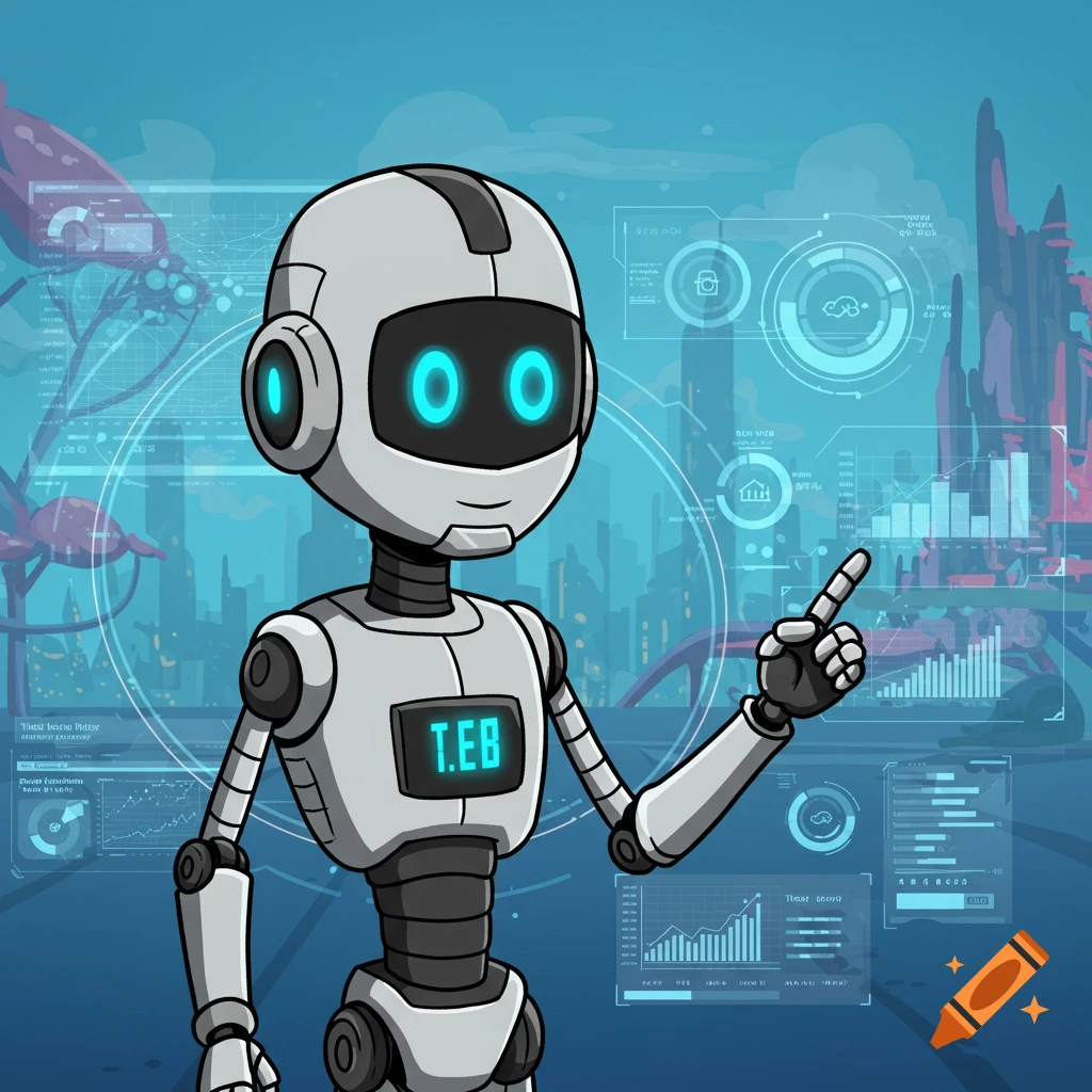 Cartoon robot pointing at futuristic screens with charts.