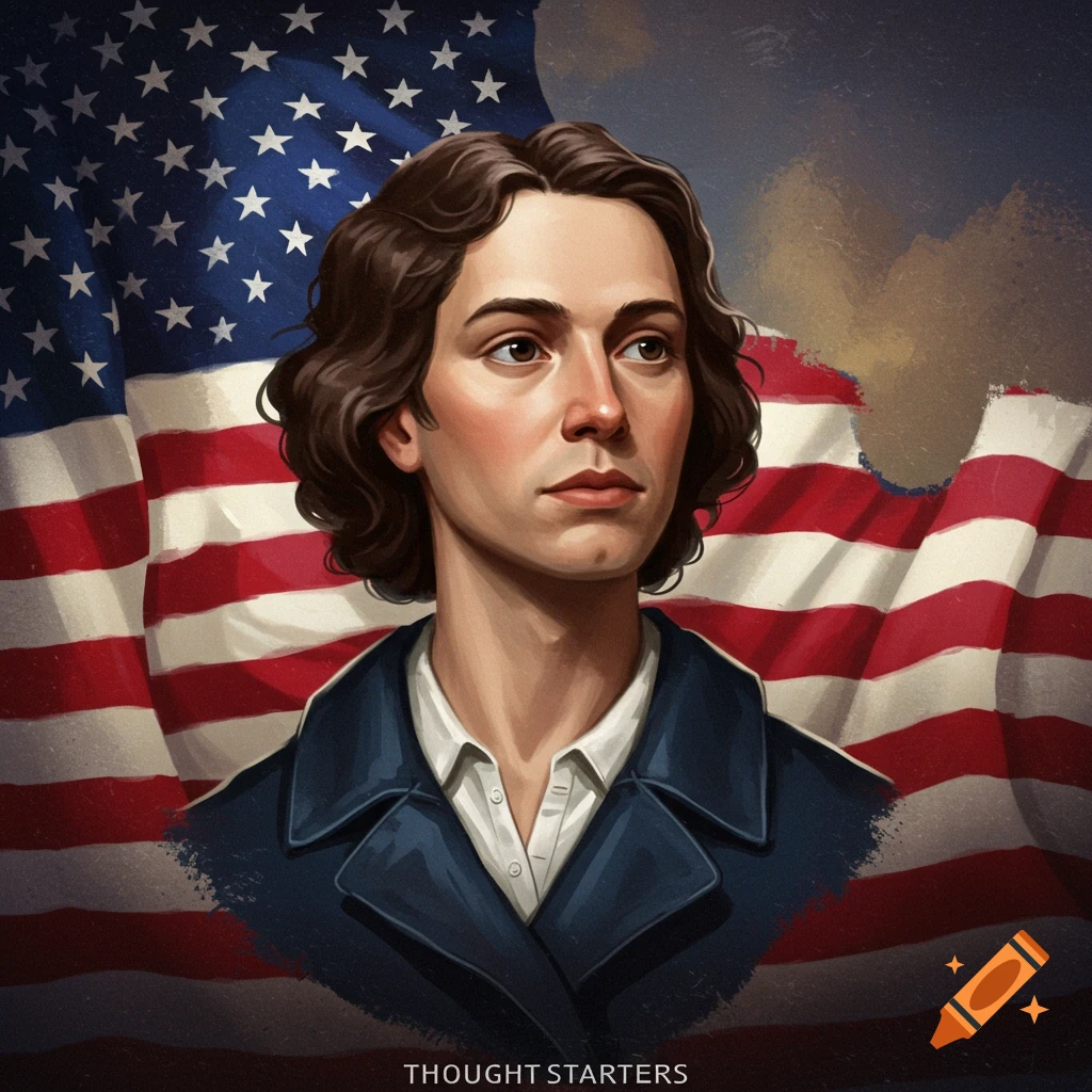 A person in a dark coat and white shirt is depicted against an American flag background.