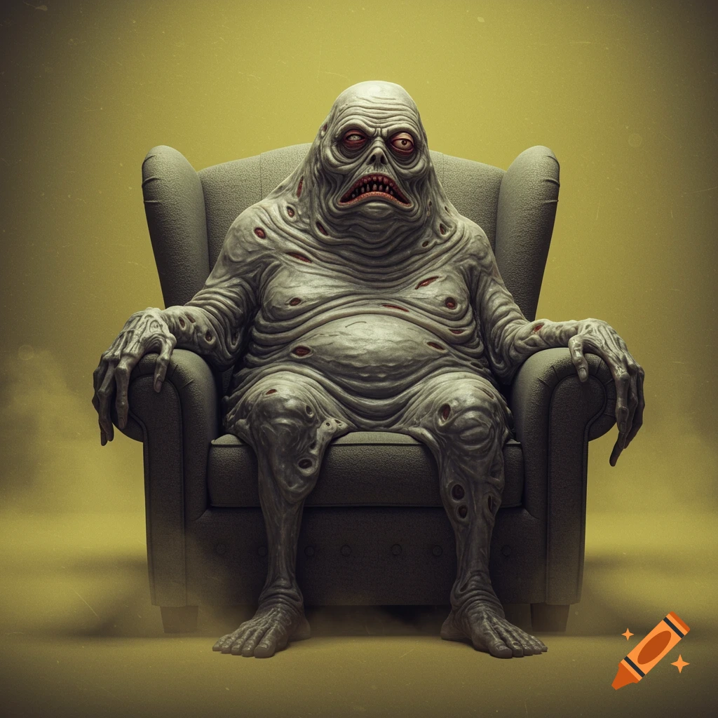 A grotesque monster with multiple red eyes and skin folds sits slumped in an armchair.