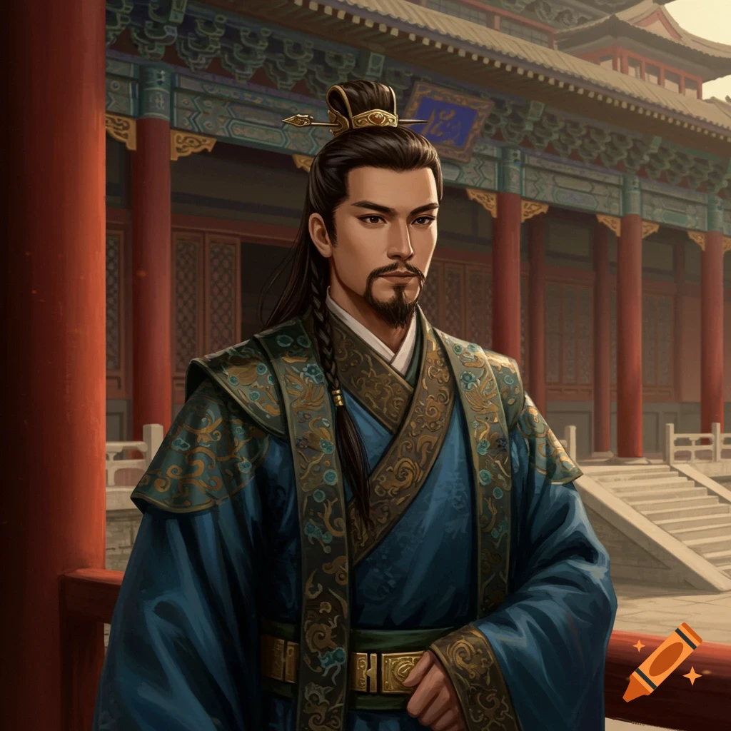 A man in historical Chinese clothing stands in front of a traditional building.