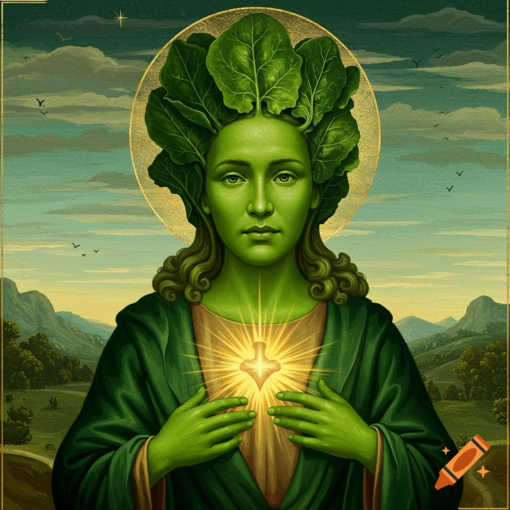 A green figure with spinach hair and a halo, in a religious art style, against a landscape.