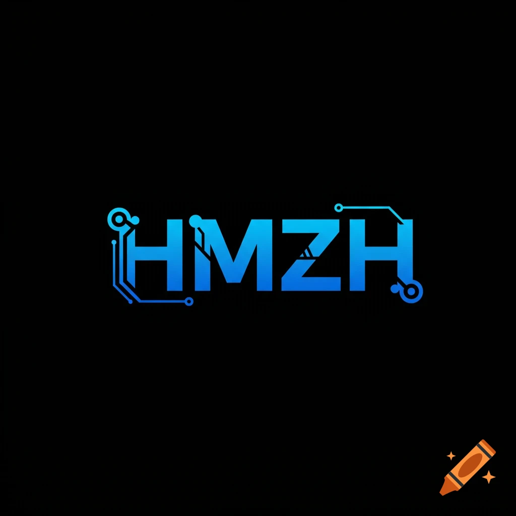 Blue HMZH tech logo with circuit elements on black background