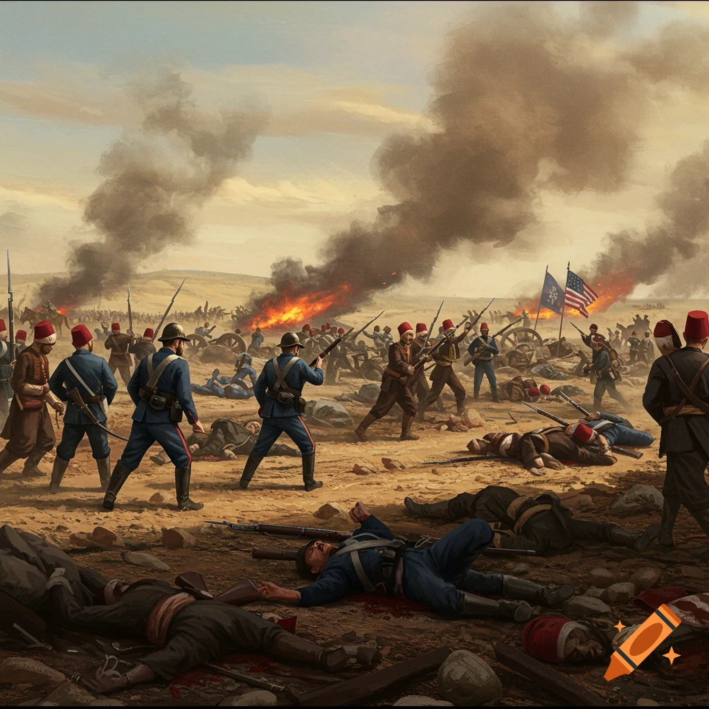 A battle scene with US and Ottoman soldiers in a desert landscape, featuring gunfire, smoke, and fallen figures.