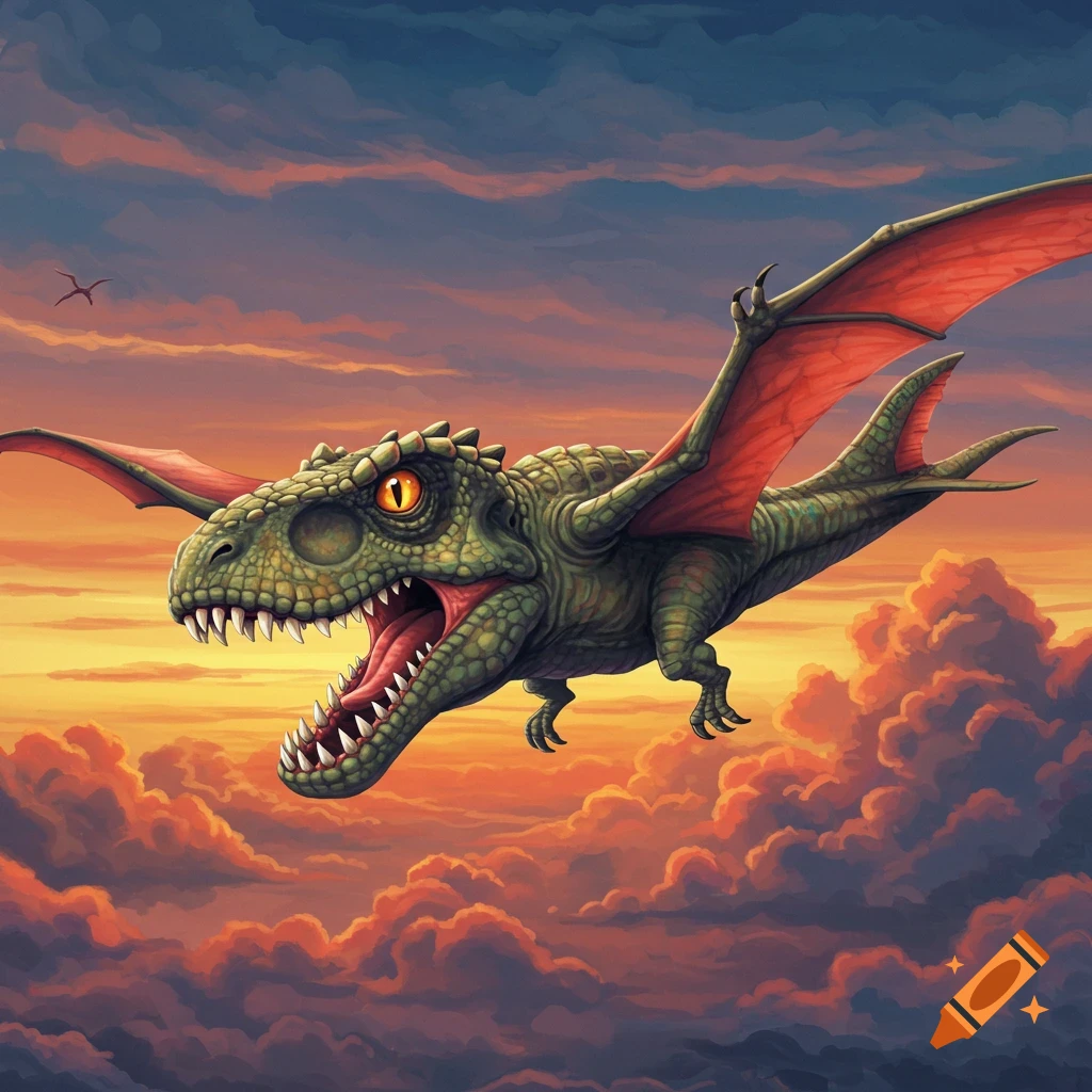 A winged dinosaur flies through a cloudy sunset sky.