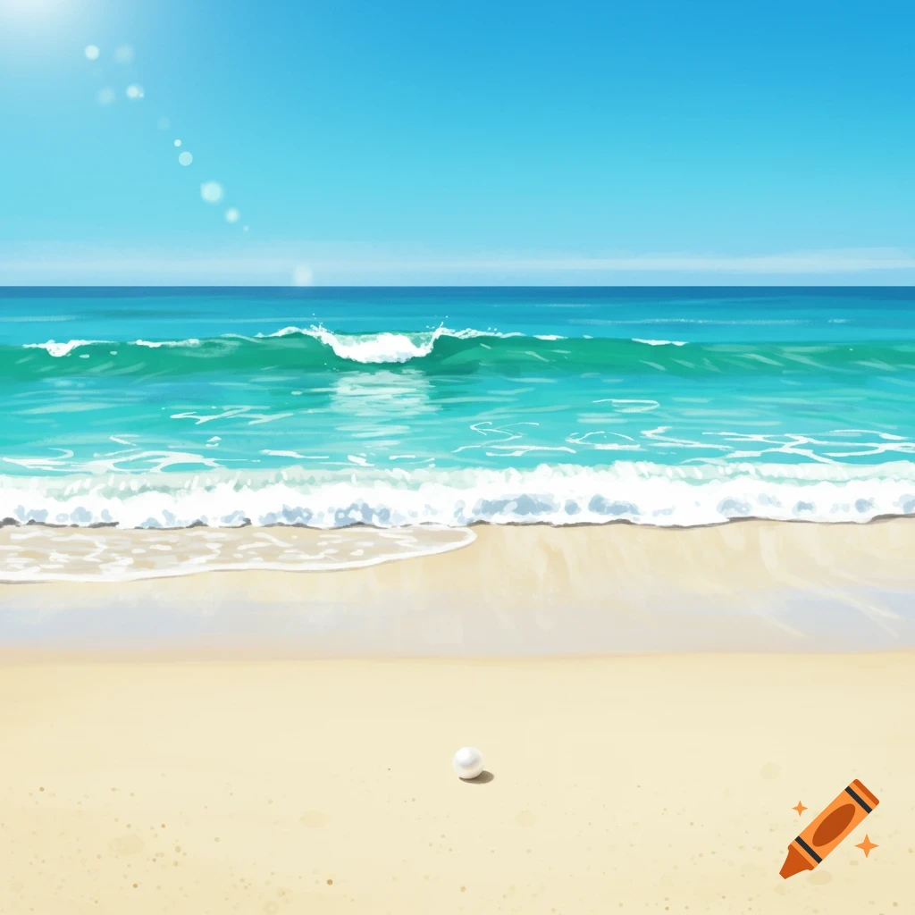 A beach with turquoise waves, blue sky, and a pearl on the sand.