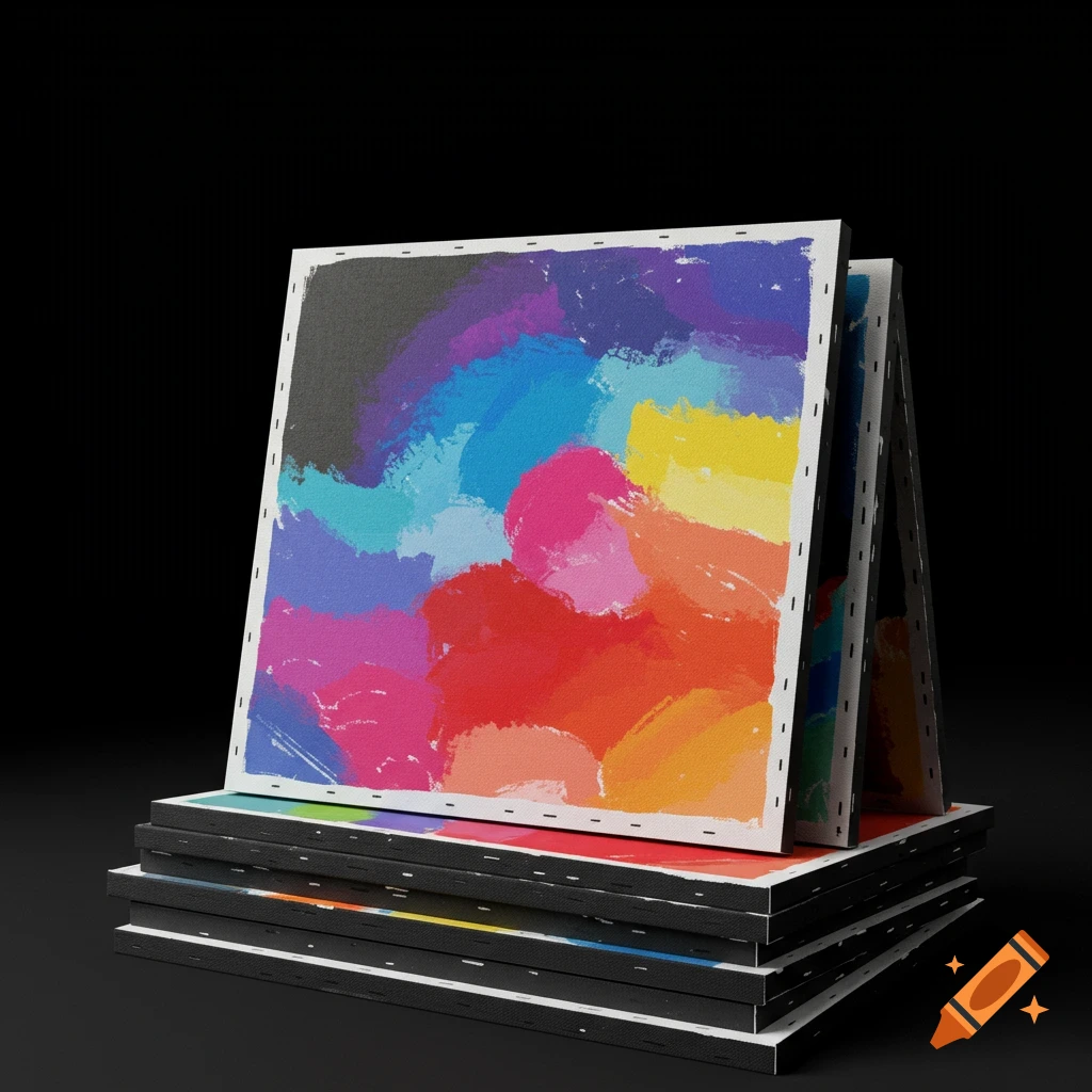 Stack of canvases with abstract colorful brushstrokes against a black background.
