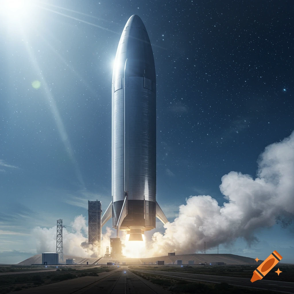 Luxuary Rockets A large silver rocket launching into a starry sky from a launchpad. on ...
