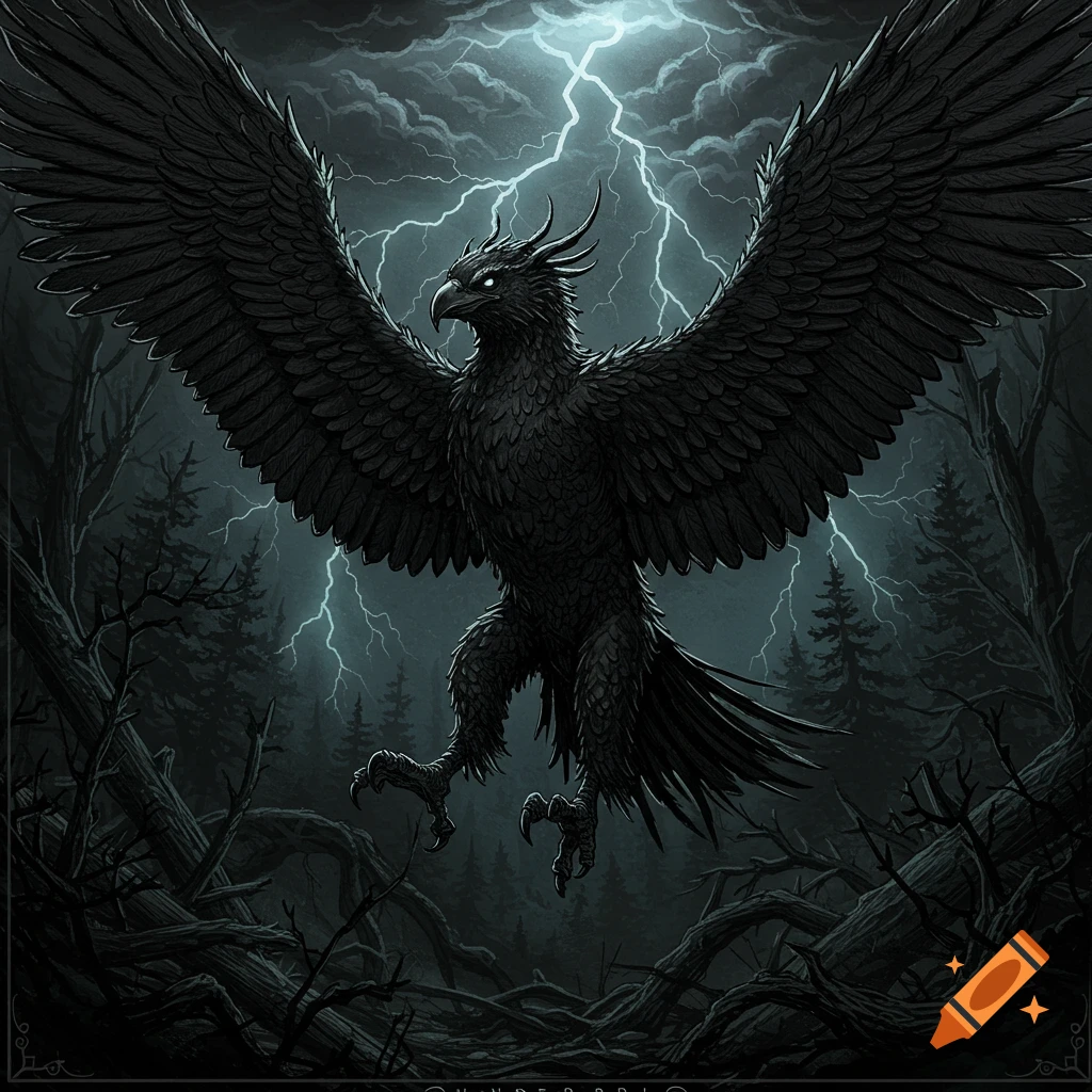 Dark illustration of a giant black thunderbird flying through a stormy sky with lightning over a spooky forest.