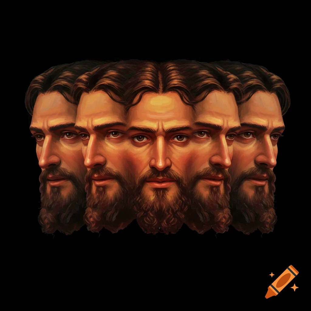 Multiple overlapping faces of a man with a beard on a black background.