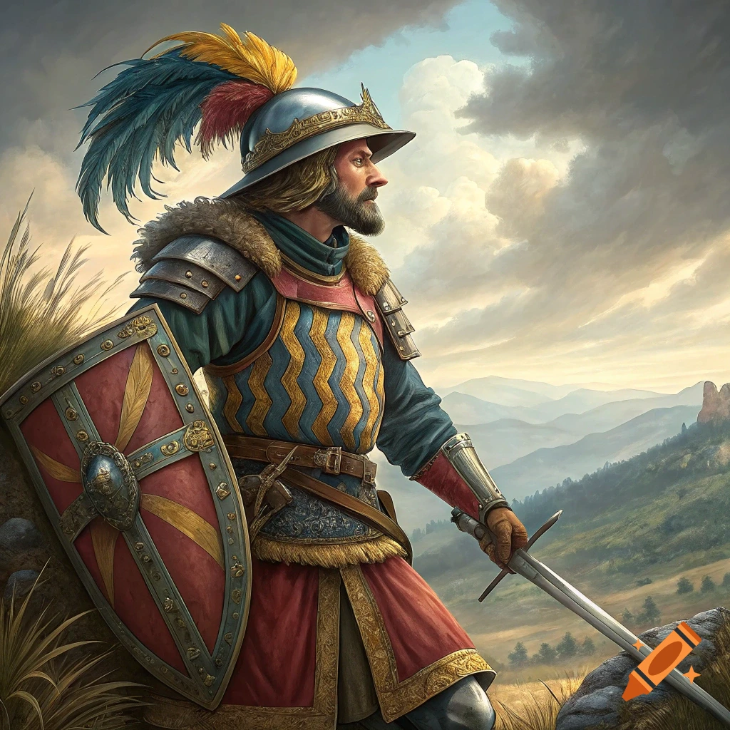 Historical portrait of a man in detailed armor with feathers, holding a shield and sword, looking over a mountain landscape.
