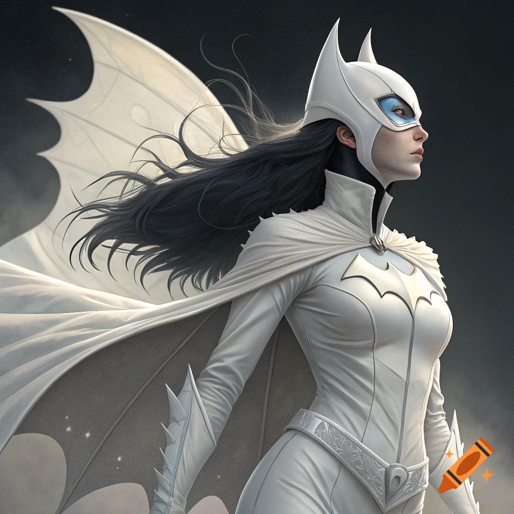 Female superhero in white bat-like suit and mask with glowing blue eyes.