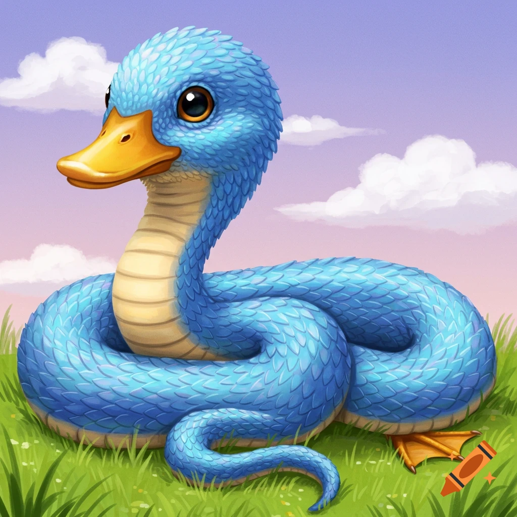 A blue snake with a duck head and feet coiled in grass.