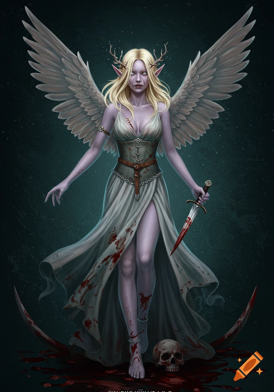 Gothic fantasy art of a winged spirit with antlers holding a bloody dagger, standing among blood and a skull.