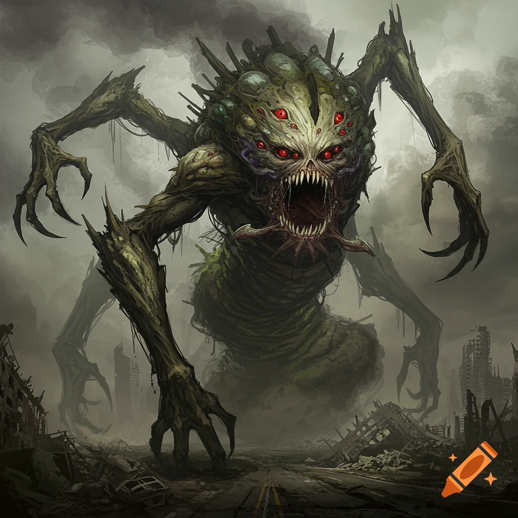 A monstrous creature with multiple red eyes, claws, and spines stands in a ruined city street.