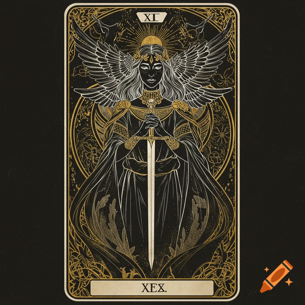 A tarot card with an angelic figure holding a sword in white and gold lines on black.