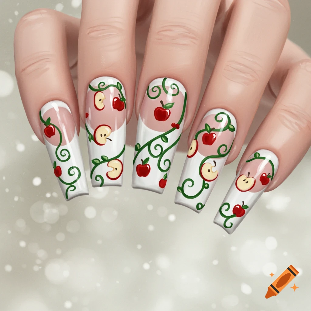 Hand with long acrylic nails featuring white French tips and apple vine designs.