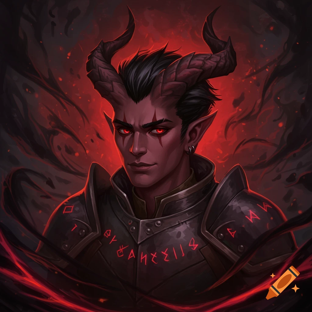 A male fantasy character with horns, red eyes, and armor with runes, surrounded by red and black smoke.