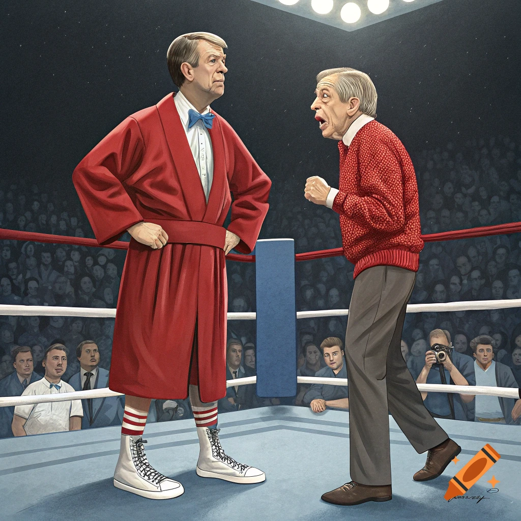 Illustration of two men resembling Jimmy Carter and Mr. Rogers in a boxing ring