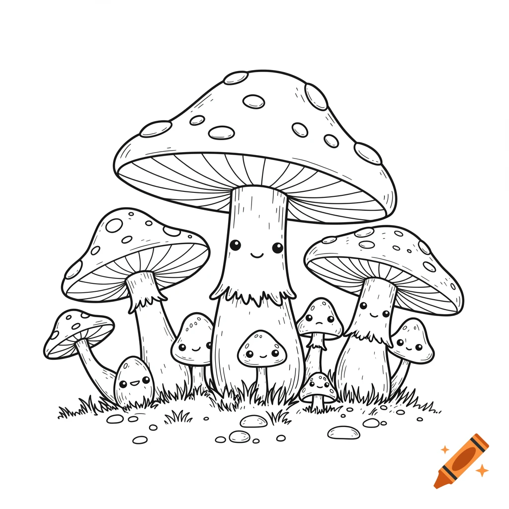 Black and white illustration of smiling cartoon mushrooms in grass.