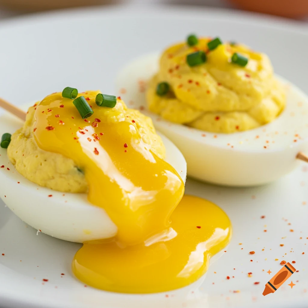 Close-up photorealistic shot of two deviled eggs on skewers, overflowing with yellow filling and garnished with chives and spice flakes.
