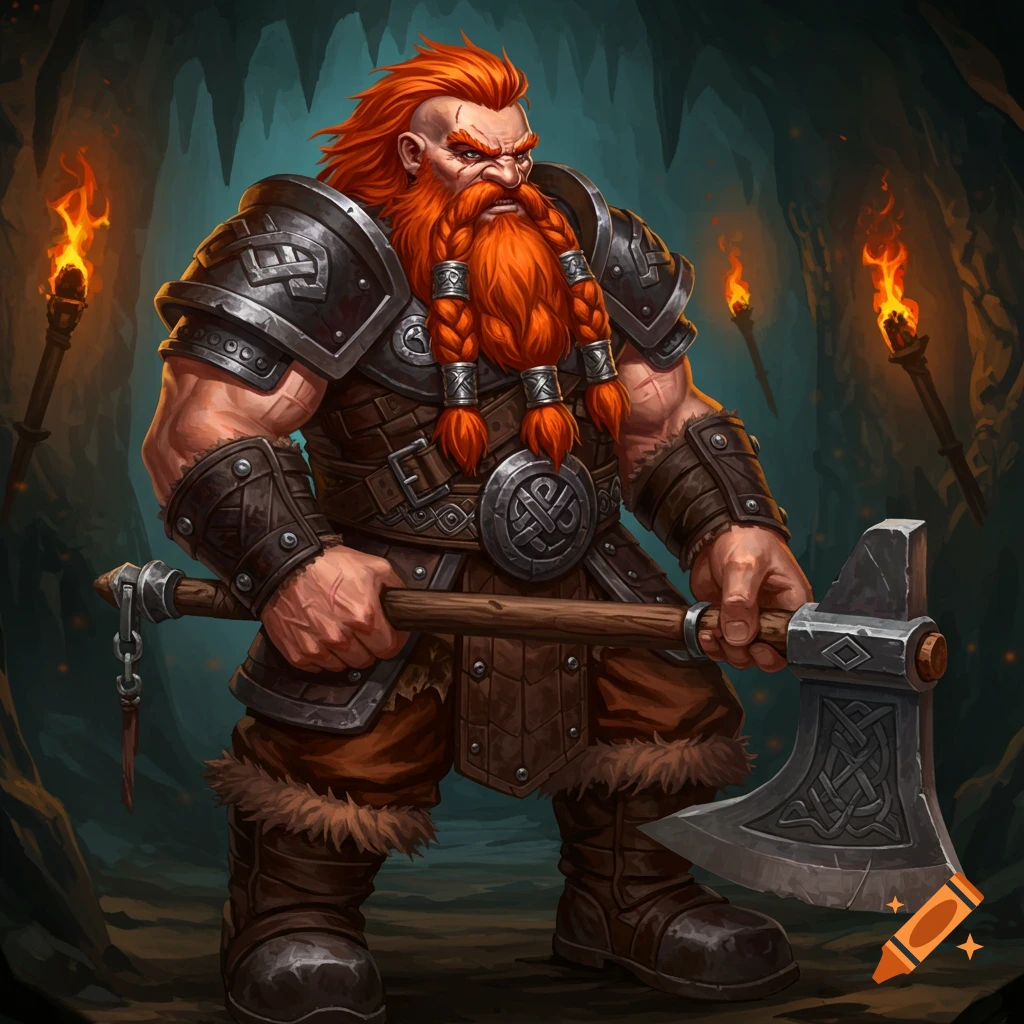 A red-haired dwarf barbarian holding an axe in a cave.