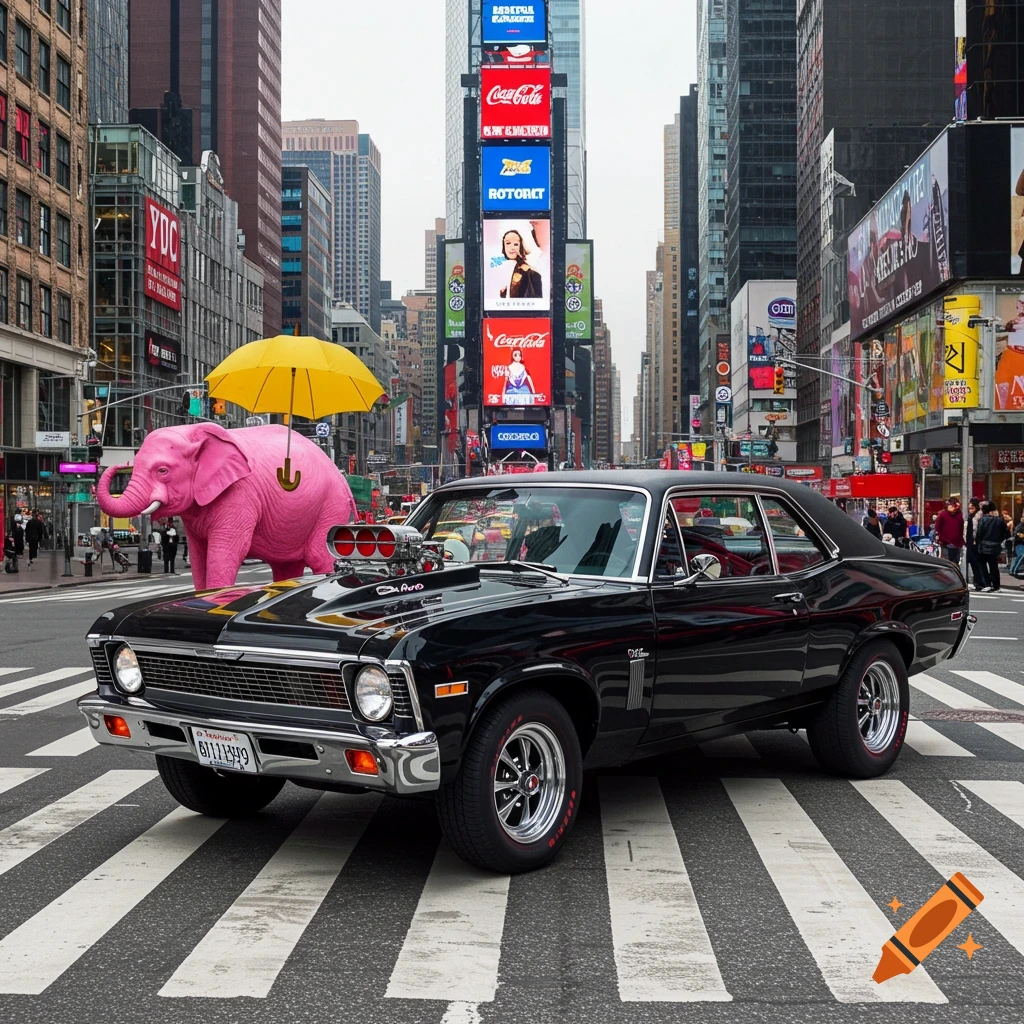 A black Chevy Nova and a pink elephant with a yellow umbrella cross a Times Square street.