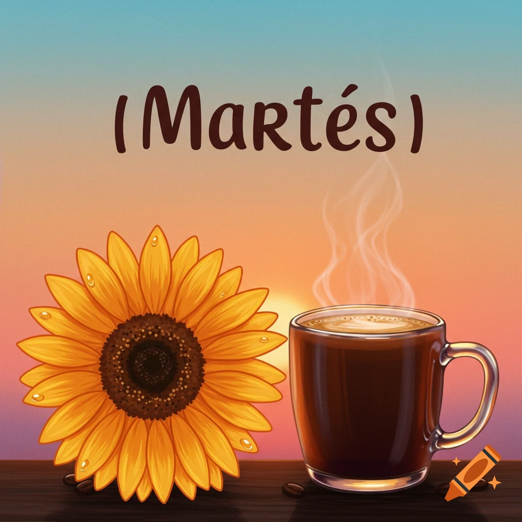 A sunflower and a cup of coffee sit on a table at sunrise with text (Martés).