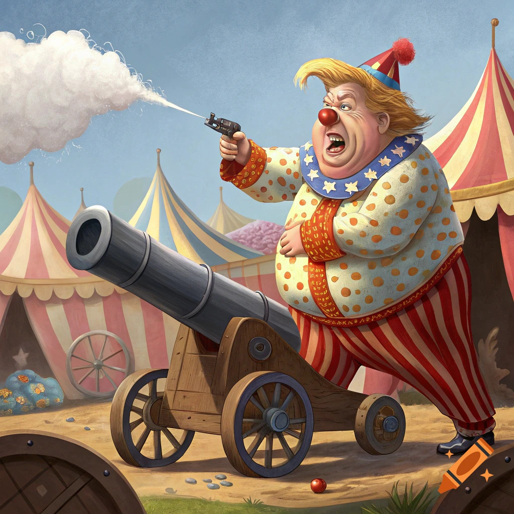Cartoon clown resembling Donald Trump at a circus, firing a gun near a large cannon.