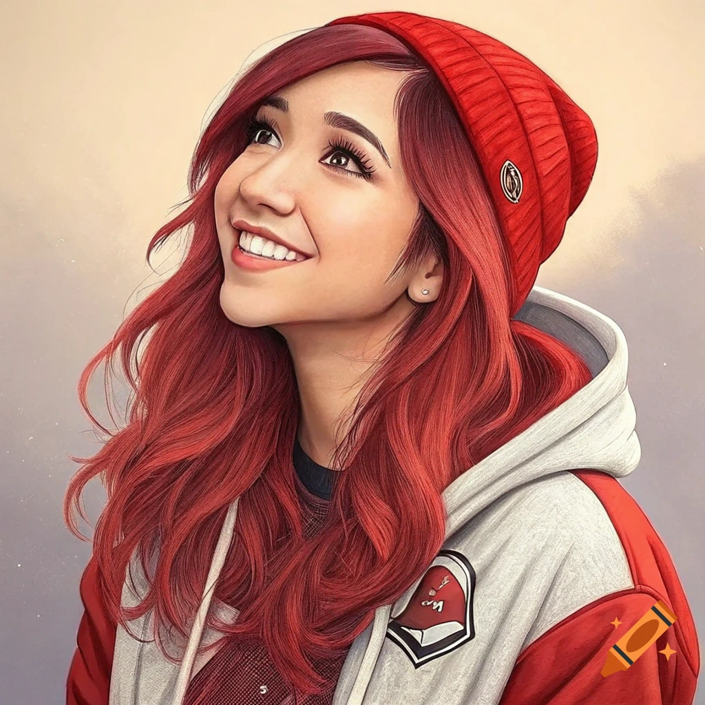 Portrait of a young woman with red hair, wearing a red beanie and a red and grey hoodie, looking up and smiling.