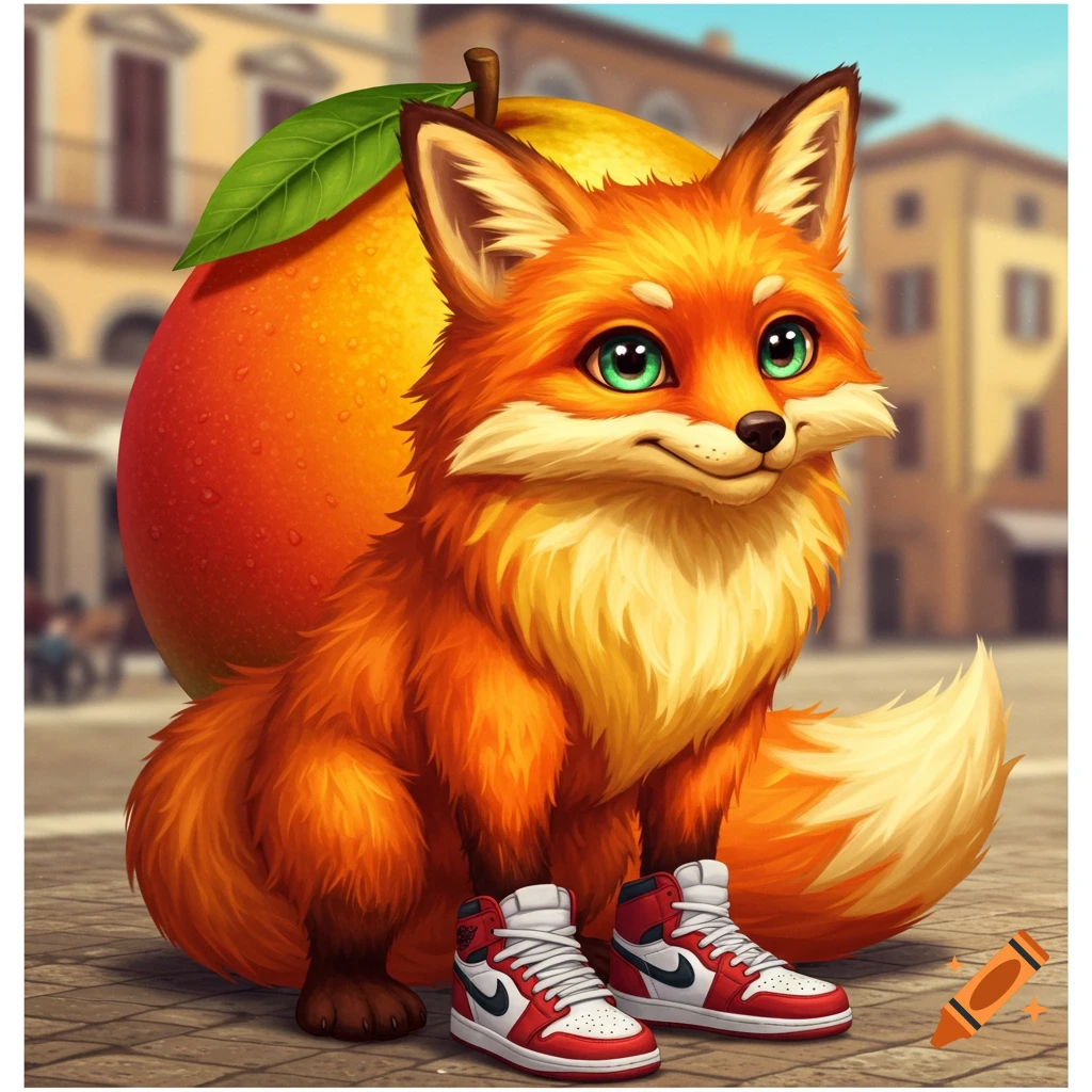 A cartoon fox wearing red and white sneakers sits in a town square next to a giant mango.