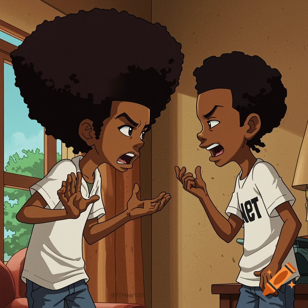 Two animated characters from The Boondocks, Huey and Riley, arguing in their home in a cartoon style.