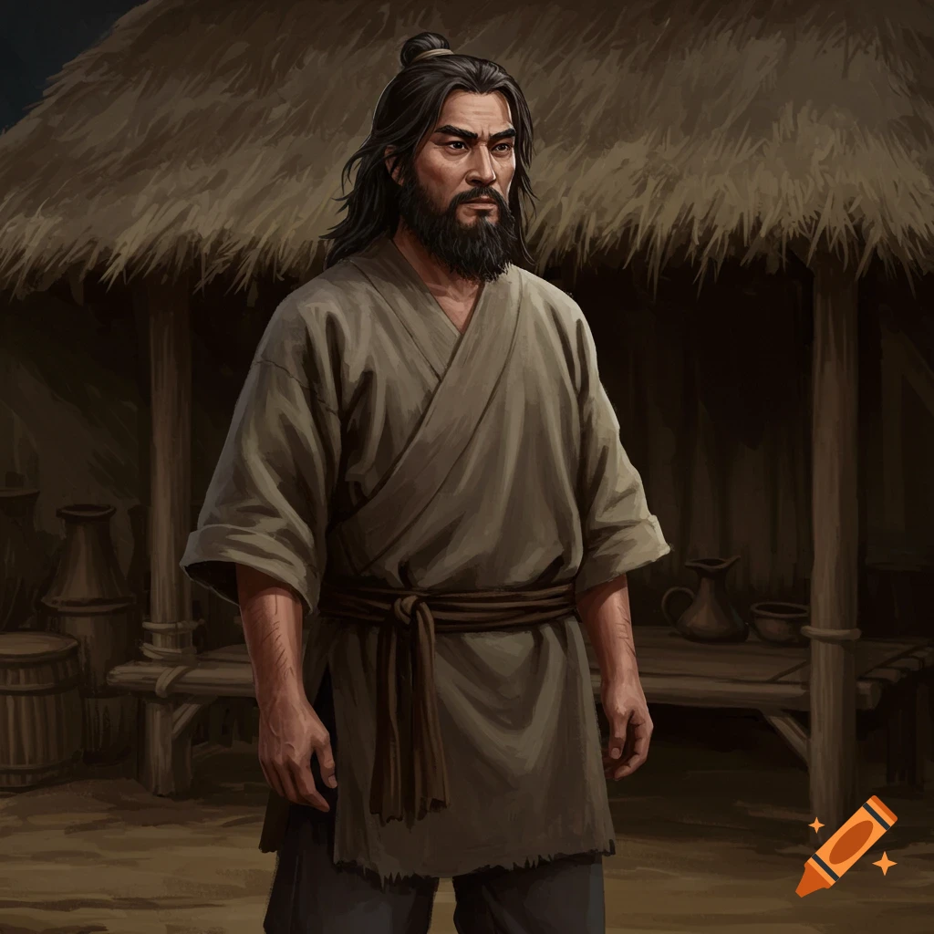 A man in traditional clothing is standing outside a hut.