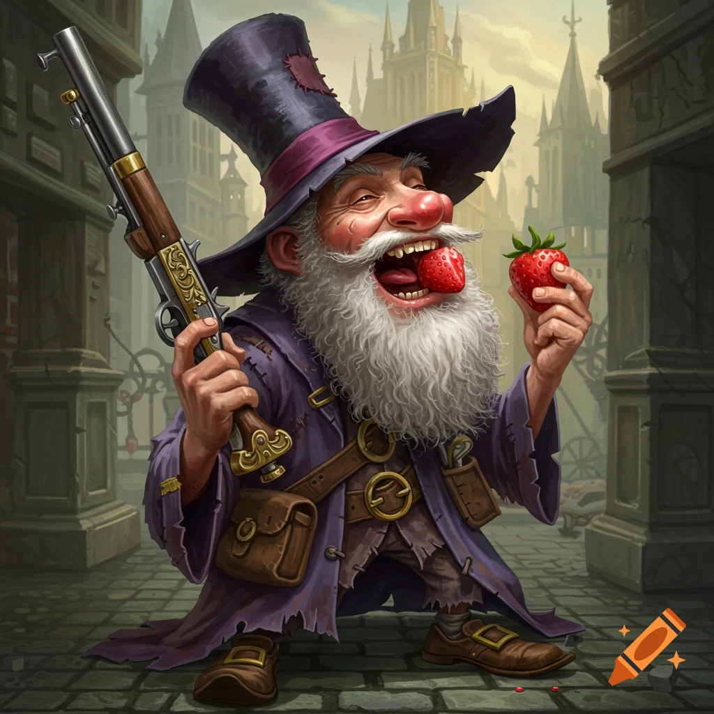 A bearded gnome wizard in a top hat and tattered coat holds a rifle and eats a strawberry in a fantasy city.