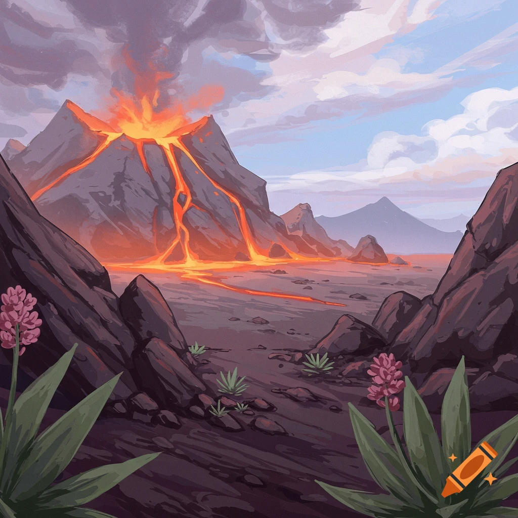 A volcanic landscape with an erupting volcano and lava flow.