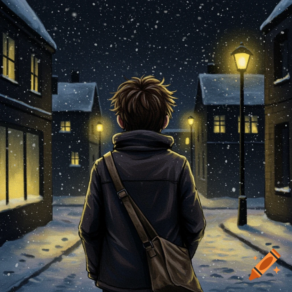 Anime illustration of a boy walking down a snowy street at night.