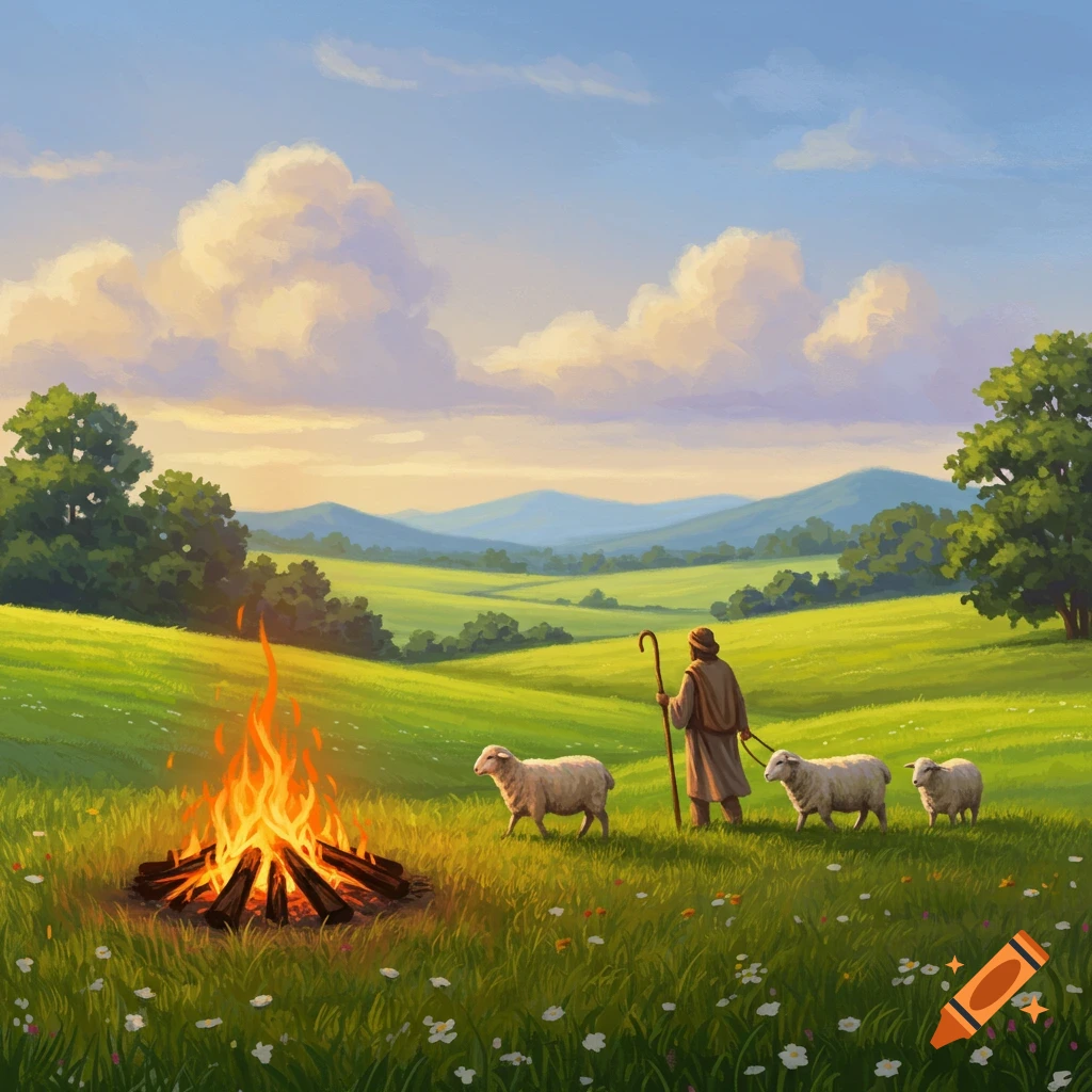 A shepherd with sheep by a campfire in a vast green field under a cloudy sky.