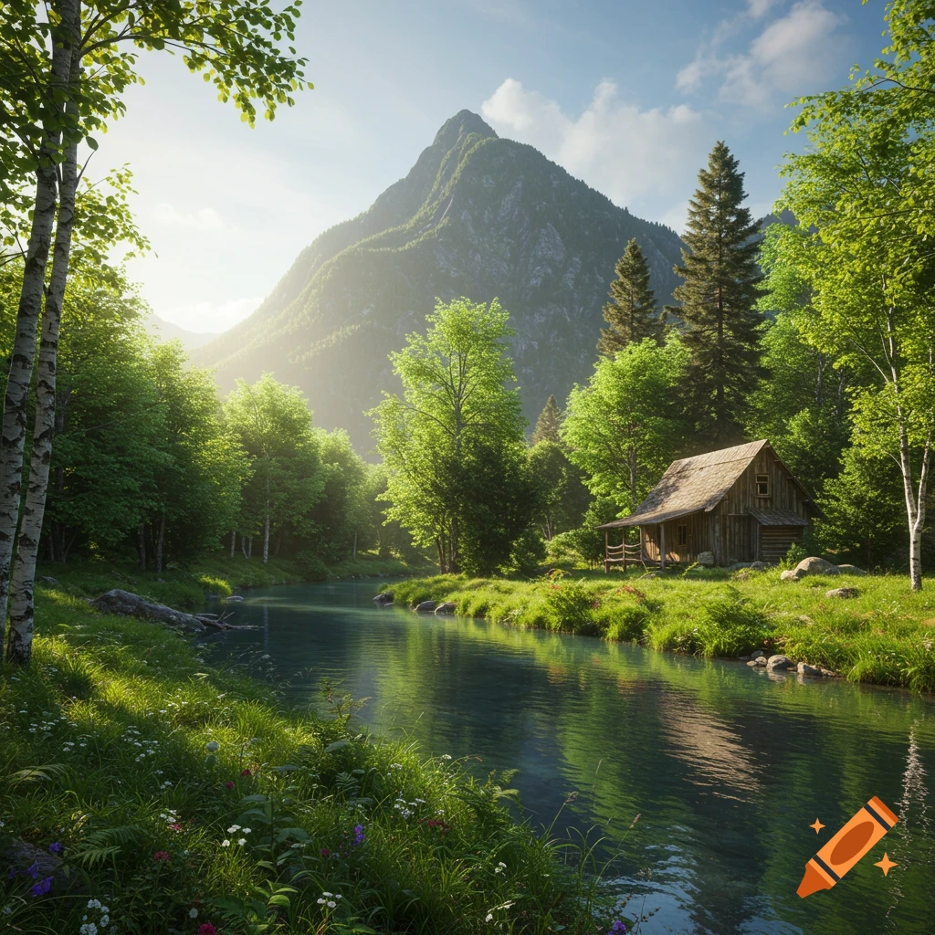 A photorealistic image of a wooden cabin next to a river, surrounded by a lush forest and a mountain in the background.