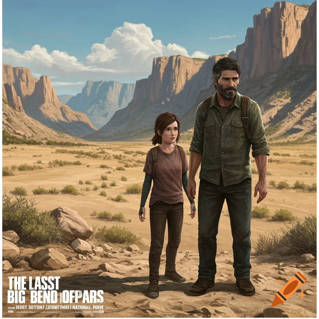 Two people, resembling Joel and Ellie from The Last of Us, are standing in a vast desert landscape.