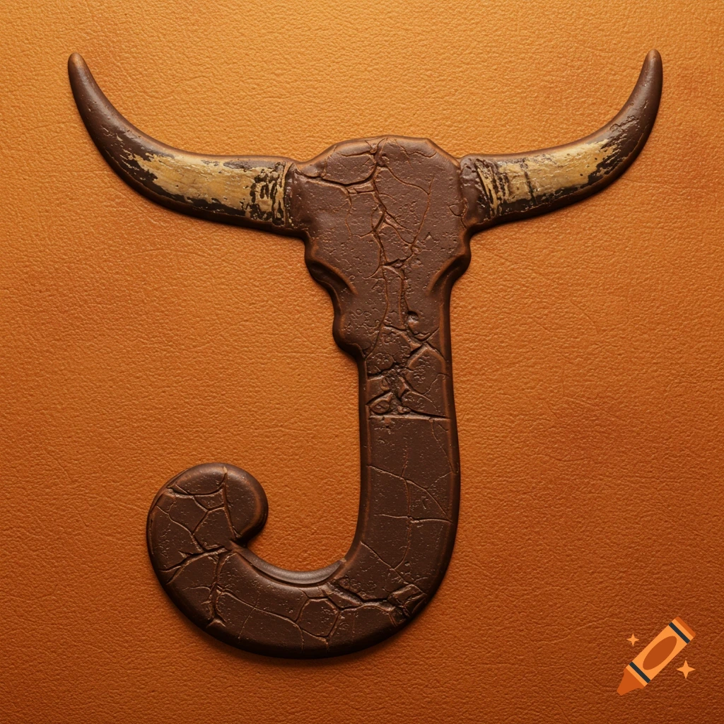 A stylized cattle brand in the shape of the letter J with cow horns, on an orange leather background.