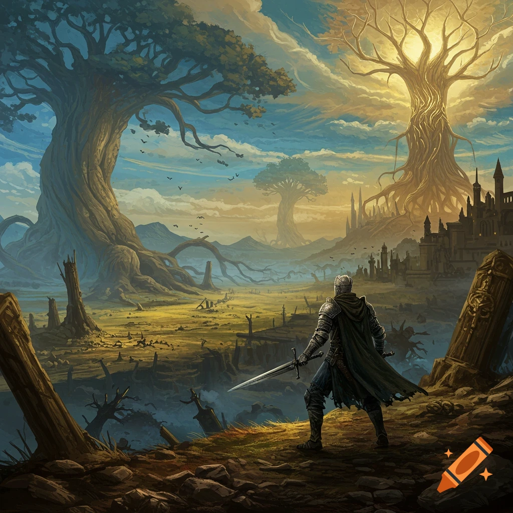 A knight in a fantasy landscape with large trees and distant castle.