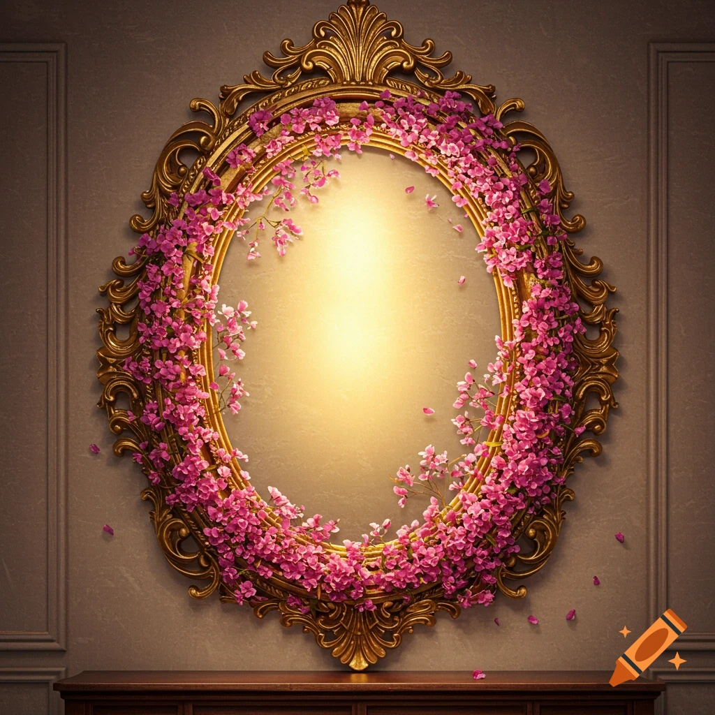 An oval golden mirror decorated with pink flowers hangs on a wall above a wooden table.