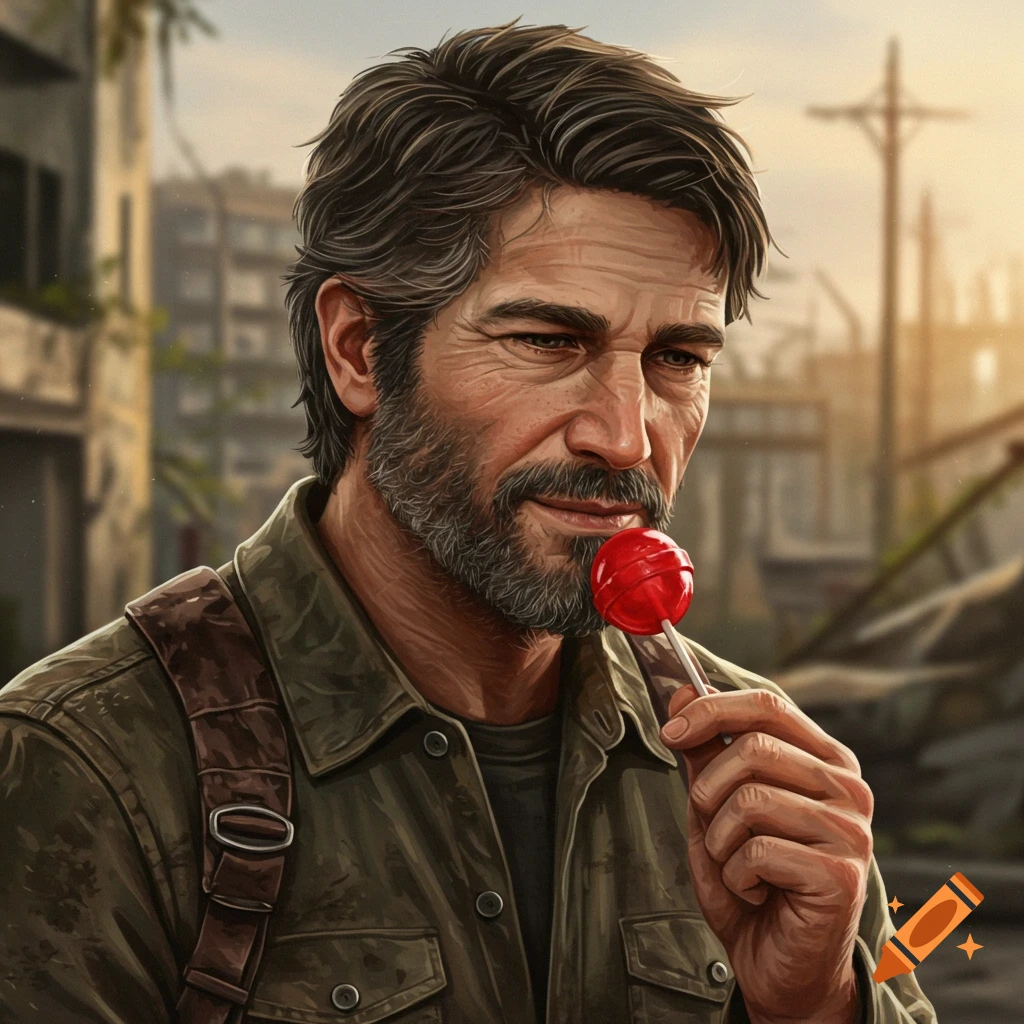 Joel from The Last of Us eating a red lollipop in a ruined city.