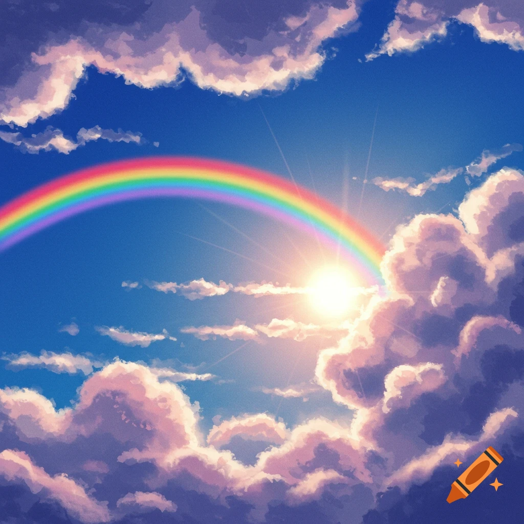 A rainbow in a blue sky with sun rays and fluffy clouds
