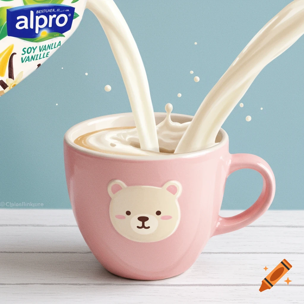 Alpro soy vanilla milk being poured into a pink cup with a bear face